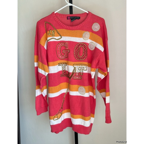 Vintage 90s IB Diffusion Sport Golf Stripe Sweater Pearl Medium - Picture 1 of 8